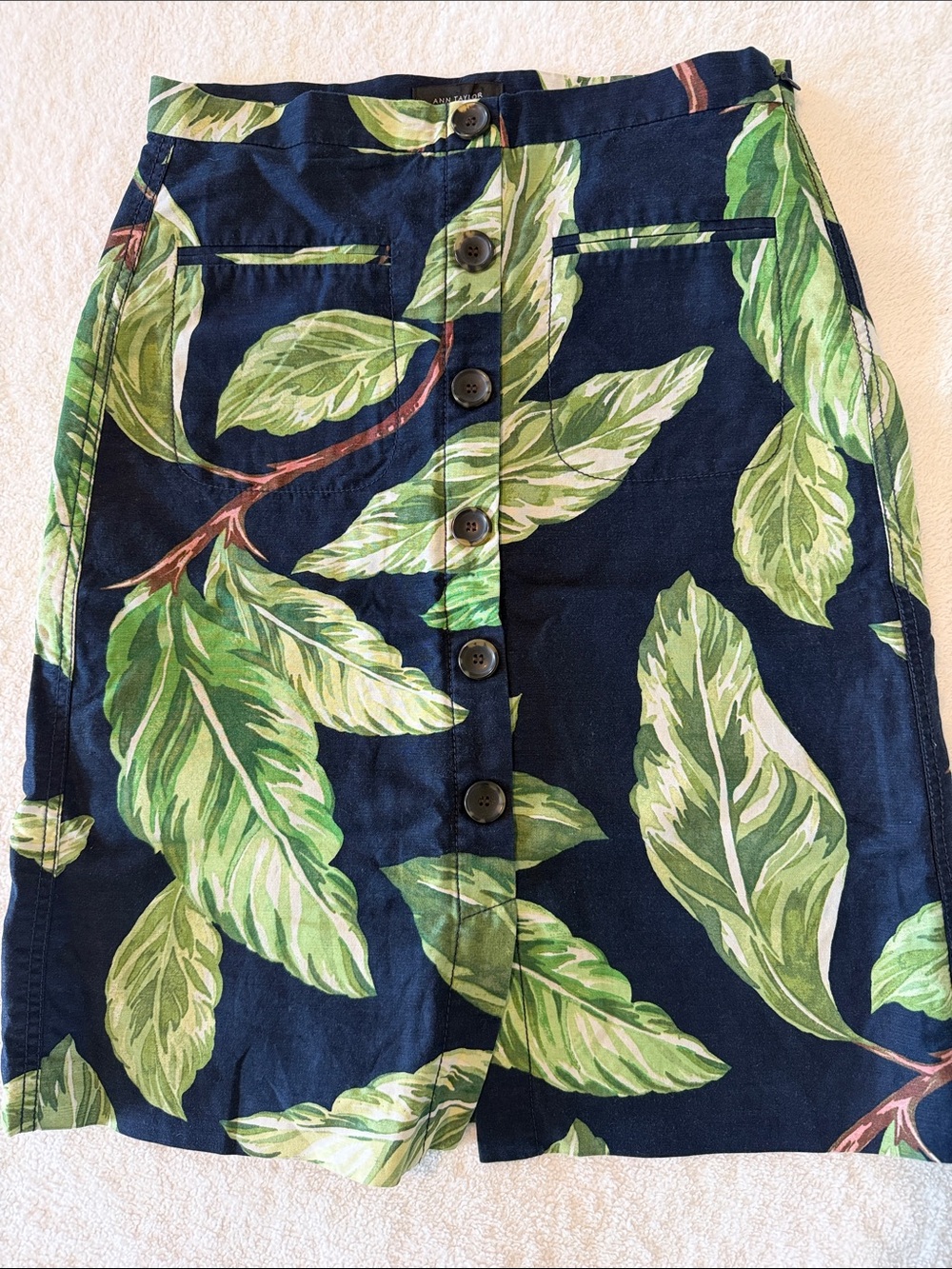 Ann Taylor Navy Blue Mini Skirt with Green Leaf Print